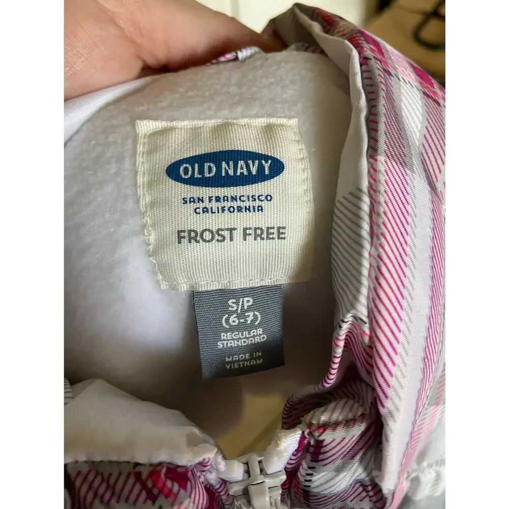 Old Navy Girls Vest‎ Size Small 6 7 Frost Free White Pink Gray Plaid Puffer
